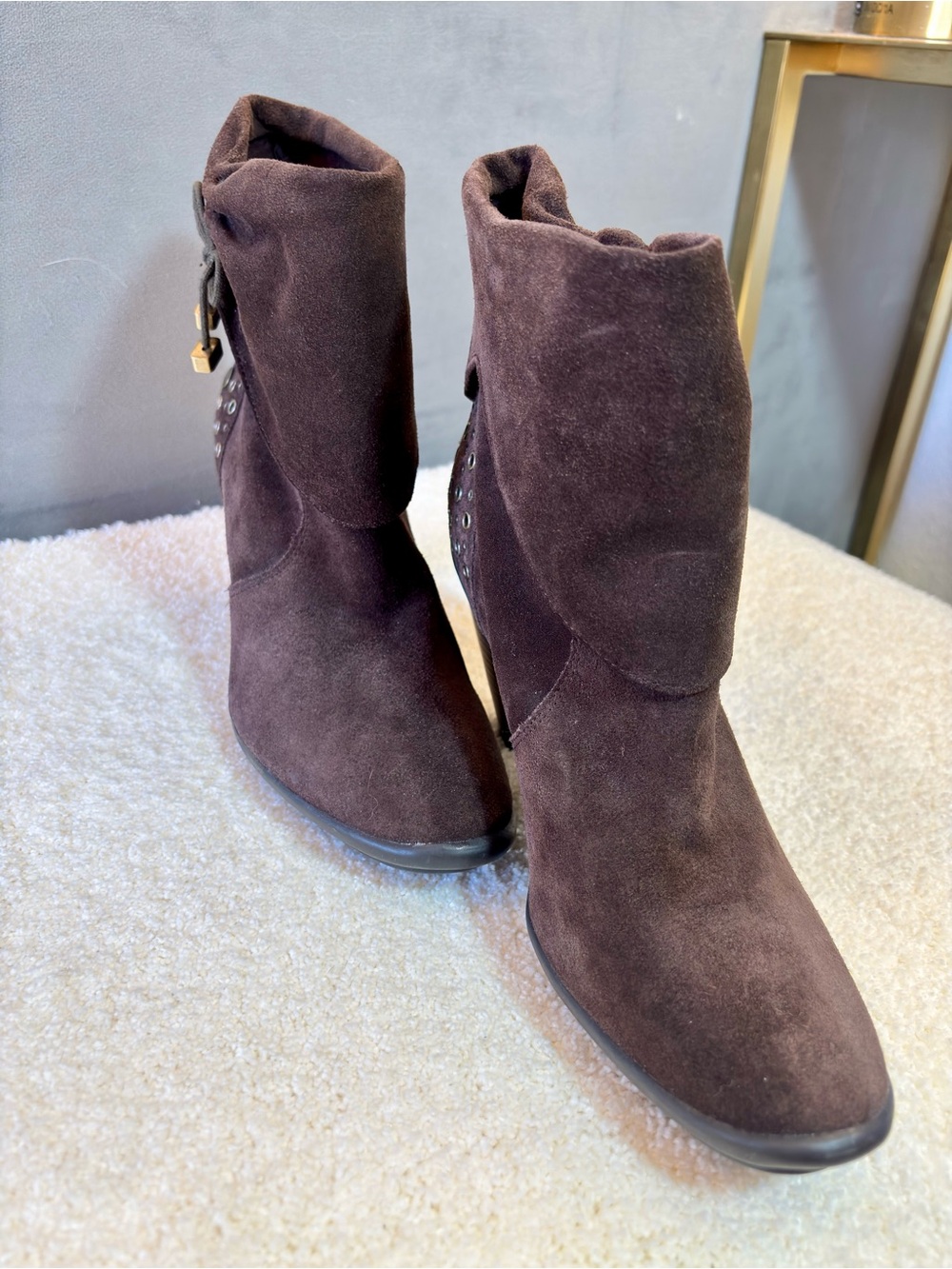 libby. edelman Dark Brown Suede Fold-Over Ankle Booties with Grommet Detail - Picture 7 of 8
